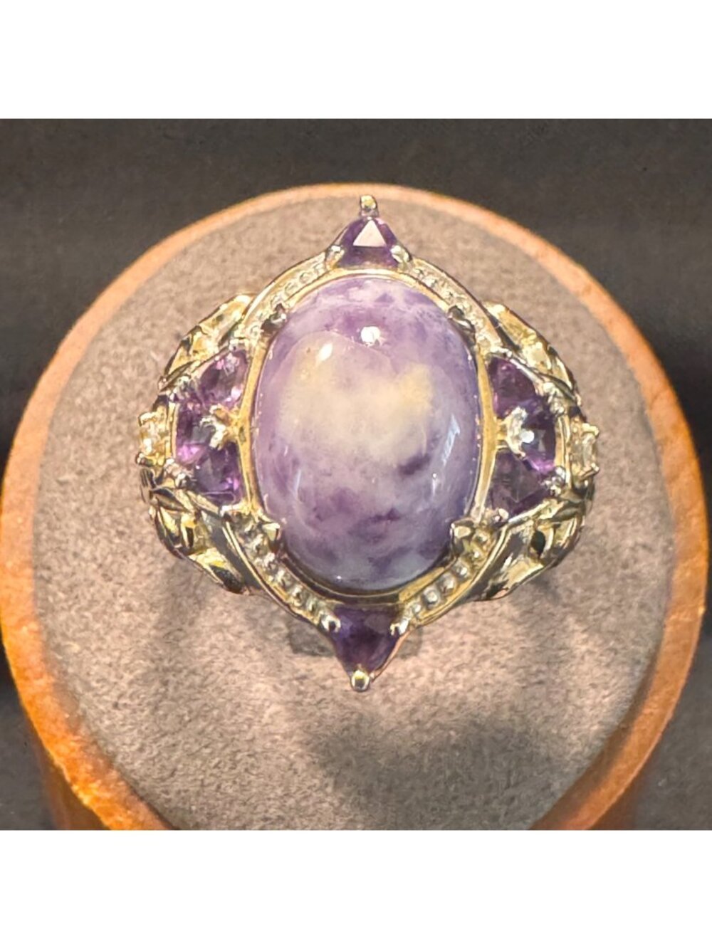 Two Tone Sterling Silver 925 Lepidolite and Amethyst Statement Ring Size 11